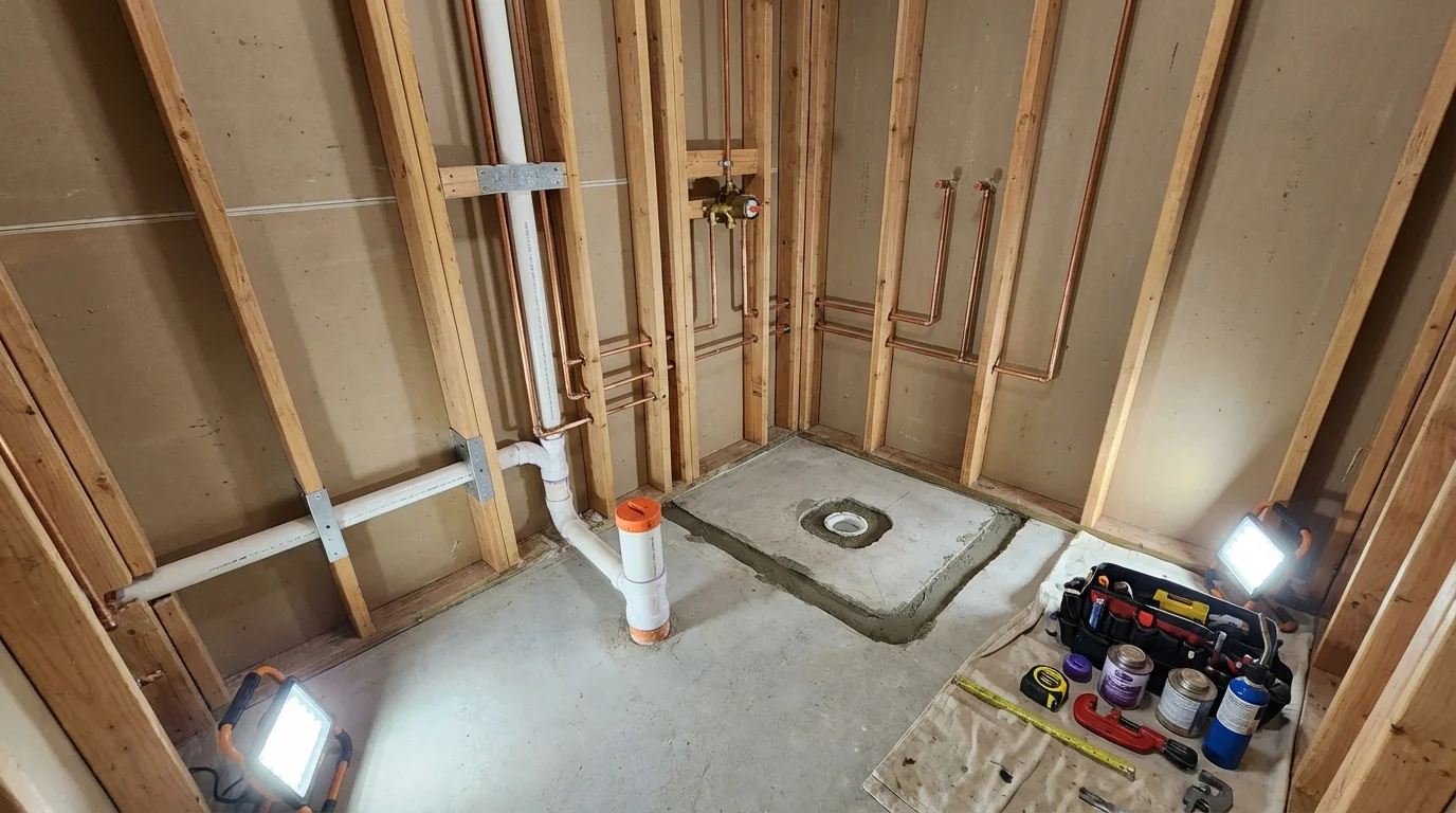 Bathroom rough-in plumbing during remodel by Johns Plumbing LLC in Mayer