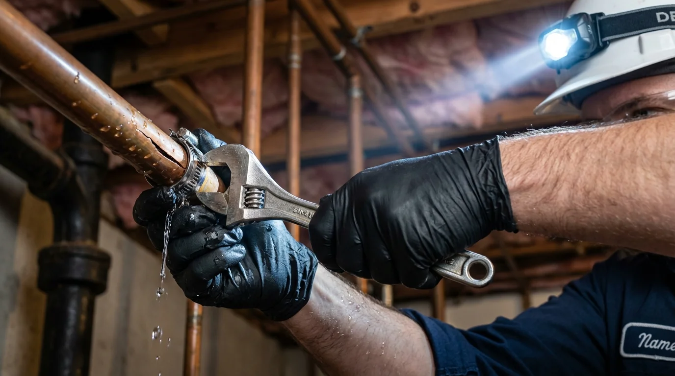 Emergency pipe clamp repair being performed by a Johns Plumbing LLC plumber in Mayer