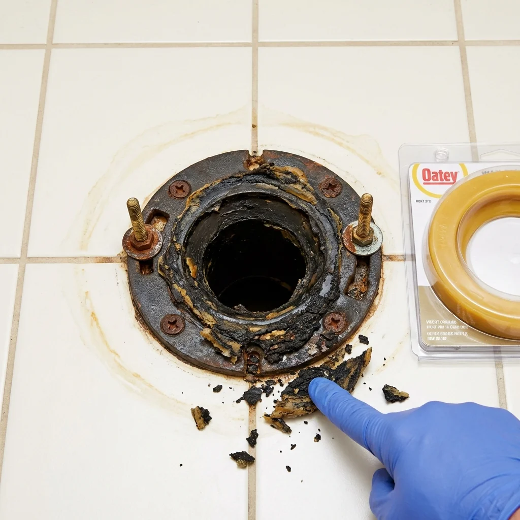 Failed wax ring showing water seepage at the base of a toilet in a Mayer, AZ home