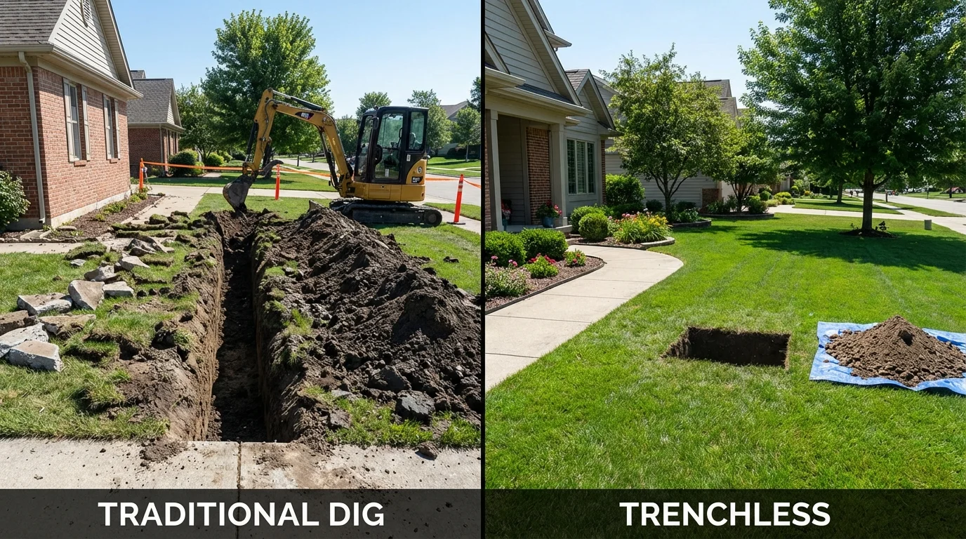 Trenchless sewer repair with minimal yard damage versus traditional excavation in Mayer, AZ
