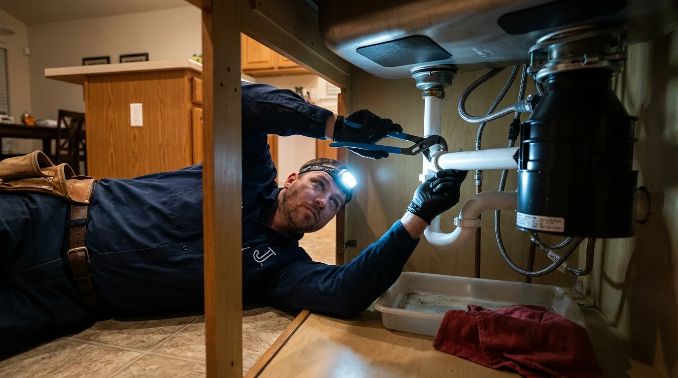 P-trap and supply line connections under a kitchen sink showing a common leak point in Mayer, AZ